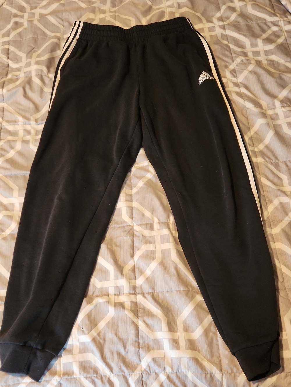 adidas Boys L Black Jogger Sweatpants with White Stripes - Picture 1 of 6